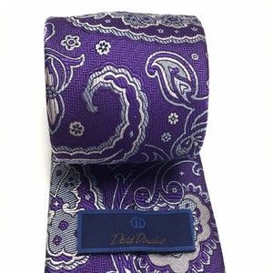 David Donahue Tie Men Silk Purple Light Blue Silver Paisley Necktie Woven Italy